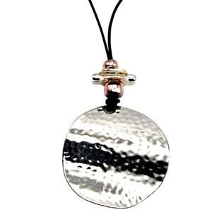 Large Silvertone Hammered Disc on 32" Black Cord Necklace with 2-Tone‎ Accents
